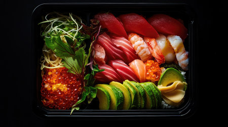 Discover an elegant seafood presentation featuring a vibrant assortment of sushi and sashimi. Perfect for food lovers seeking a gourmet experience.の素材