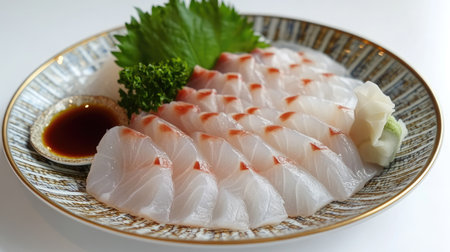 This artistic presentation showcases delicate raw flatfish slices, garnished with fresh greens and served with soy sauce, perfect for sushi lovers.の素材