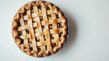 A freshly baked apple pie featuring a beautiful lattice crust, perfect for any gathering or celebration. This classic dessert offers a warm and inviting treat.の素材