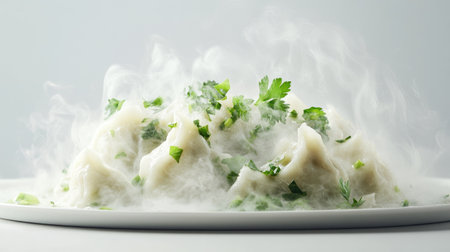 This image showcases a plate of steaming dumplings garnished with fresh herbs, creating an enticing presentation that highlights culinary art.の素材