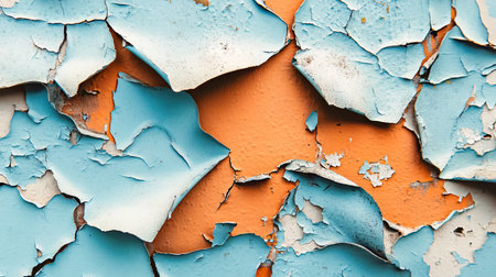 Discover a captivating close-up of weathered paint showcasing a dramatic contrast between vibrant blue and orange. This texture creates a unique artistic element for various projects.の素材