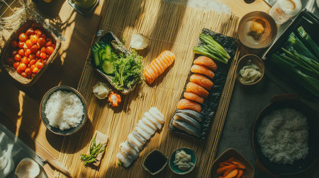 An overhead shot capturing the vibrant process of sushi making, showcasing fresh ingredients neatly arranged on a bamboo mat, highlighting culinary artistry.の素材