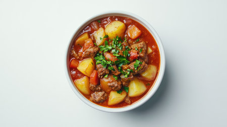 This delightful beef stew, served in a bowl, features tender chunks of meat, potatoes, tomatoes, and fresh herbs, perfect for a cozy meal.の素材