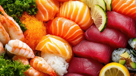 A vibrant close-up of assorted nigiri sushi showcasing fresh seafood like salmon and tuna, garnished with vegetables, ideal for culinary art and gourmet dining.の素材