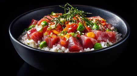 This enticing chirashi donburi features fresh seafood and colorful ingredients on a bed of rice, topped with garnish for a vibrant and appetizing meal experience.の素材