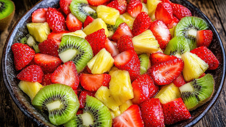 A vibrant and colorful close-up of a fresh fruit salad featuring kiwi, strawberries, and pineapple arranged in a rustic bowl, perfect for healthy eating.の素材