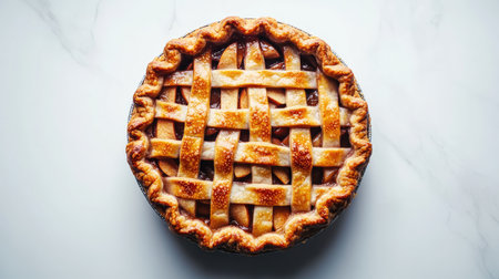 A beautifully baked apple pie featuring a classic lattice crust. This dessert evokes warmth and nostalgia, perfect for gatherings and family occasions.の素材