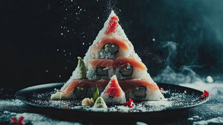 An elegant triangle presentation of sushi featuring fresh seafood and artistic plating, perfect for gourmet dining and culinary artistry.の素材