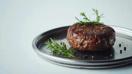 A close-up image of a grilled beef patty served on a silver plate, garnished with fresh herbs, showcasing its juicy texture and rich flavor, perfect for food-related projects.の素材