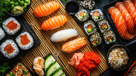 An overhead shot showcasing the sushi making process, featuring a vibrant array of ingredients, fresh seafood, and traditional culinary techniques.の素材