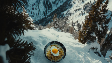 An elegant overhead view featuring a bowl of pasta topped with a bright egg, set against a stunning snowy mountain landscape, evoking a serene outdoor dining experience.の素材