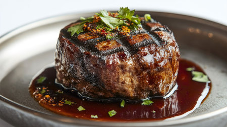 A close-up view of a grilled beef patty served on a plate, garnished with fresh herbs and drizzled with a rich sauce, showcasing an appetizing culinary creation.の素材