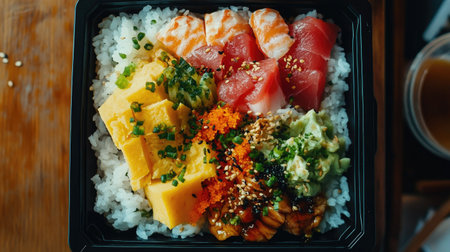 A vibrant seafood chirashi presented in a takeout box, featuring rice topped with fresh fish, eggs, and greens, perfect for a delicious meal.の素材