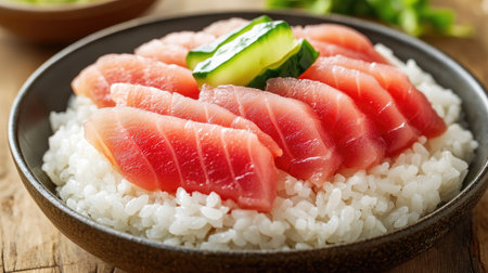 A mouthwatering close-up of tuna chirashi donb, featuring fresh slices of tuna on a bed of fluffy rice, garnished with cucumber. Perfect for food lovers!の素材