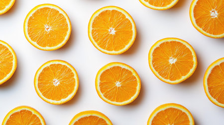 Sliced oranges arranged in a neat pattern on a white surface, showcasing their bright color and juicy texture.の素材