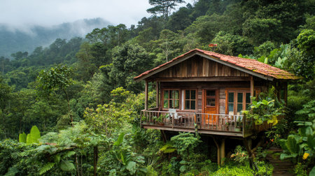 Traditional wooden house on a hillside, surrounded by lush forests.の素材