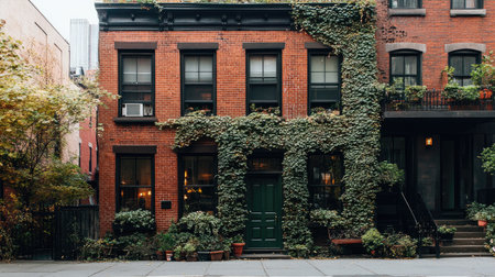 Old, rustic brick building with ivy climbing up the walls, contrasting with modern surroundings.の素材