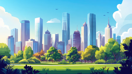 Skyline of a modern city with iconic skyscrapers and urban parks. -の素材