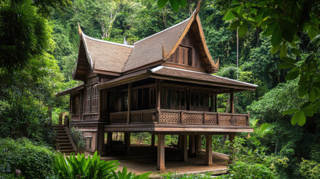 Traditional wooden Thai house with a raised platform and steep roof surrounded by greenery.の素材
