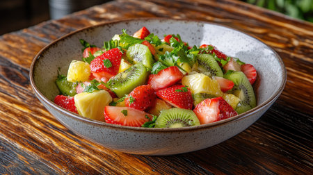 A vibrant bowl of fresh fruit salad featuring strawberries and kiwi, garnished for a bright and appetizing presentation. Perfect for summer gatherings!の素材