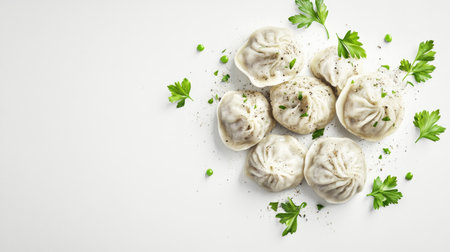 A close-up of freshly made dumplings garnished with herbs, showcasing a delicious meal perfect for sharing. Ideal for traditional cuisine or showcase dining moments.の素材