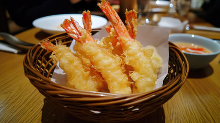 Delight in this beautifully arranged basket of crispy fried shrimp. Perfect for seafood lovers, this dish combines great taste with a stylish presentation.の素材
