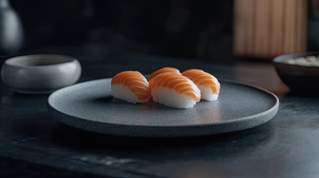 Indulge in three pieces of mouthwatering sushi, elegantly presented on a modern plate. Perfect for food lovers and culinary enthusiasts seeking inspiration.の素材