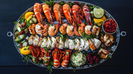 This stunning seafood platter showcases a variety of shrimp, lobster, and fish, beautifully arranged with fresh herbs and citrus. Perfect for elegant dining and gatherings.の素材