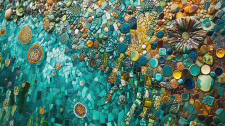 Explore a stunning, colorful mosaic wall that showcases intricate design and vibrant textures, perfect for enhancing any artistic space or interior.の素材