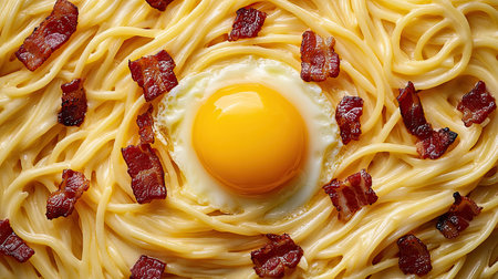 Indulge in a vibrant close-up of creamy carbonara featuring a sunny egg and crispy bacon, perfect for food lovers and culinary enthusiasts.の素材