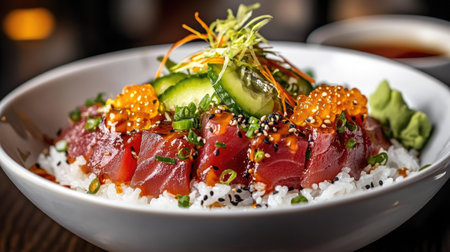 This close-up image showcases a delicious tuna chirashi donbowl, featuring vibrant colors, fresh ingredients, and exquisite presentation, perfect for food enthusiasts.の素材