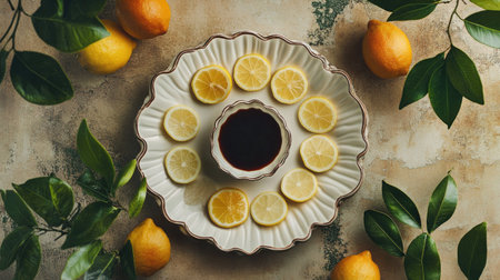 A visually appealing artistic display featuring a platter of tuna sashimi adorned with fresh lemon slices. Perfect for food enthusiasts and culinary presentations.の素材