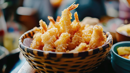 A close-up image of a woven basket brimming with golden fried shrimp. This vibrant dish showcases crispy textures, perfect for appetizers or main courses.の素材