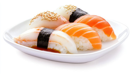 An artistic arrangement of nigiri sushi featuring a variety of fresh seafood on a white plate. Ideal for food lovers and culinary enthusiasts.の素材