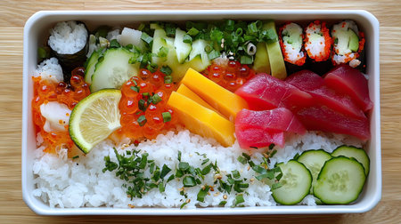 An enticing overhead shot of a colorful seafood chirashi sushi platter, featuring fresh ingredients, vibrant colors, and artistic presentation. Perfect for food lovers!の素材