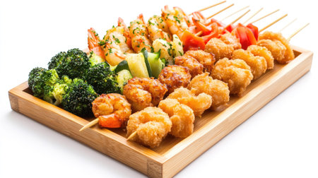 A vibrant platter featuring deep fried shrimp, grilled vegetables, and colorful garnishes, perfect for appetizers or party trays. Enjoy a delicious seafood delight!の素材