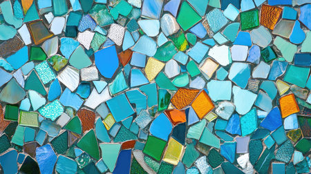 A vibrant close-up of a mosaic wall featuring colorful tiles in various shades of blue and green. This artistic design showcases unique shapes and textures, perfect for adding a decorative touch.の素材