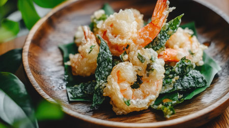 A mouthwatering close-up of crispy deep-fried shrimp served on a wooden plate with fresh greens, showcasing a delightful culinary experience perfect for any seafood lover.の素材
