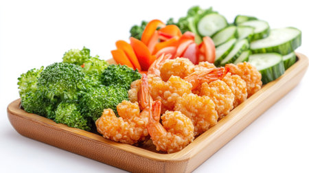 A vibrant display of crispy fried shrimp served with fresh vegetables, creating a healthy and appealing meal option perfect for any dining occasion.の素材