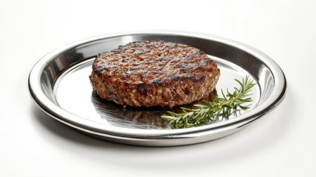 A perfectly grilled beef patty served on a sleek metal plate, garnished with fresh herbs, ideal for showcasing culinary excellence and flavor.の素材