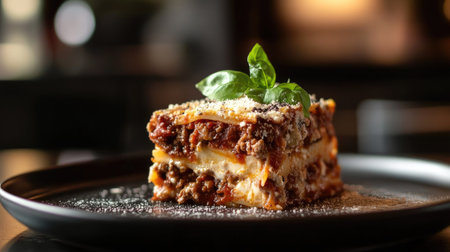 This mouthwatering slice of lasagna features rich layers of pasta, meat, and cheese, garnished with fresh basil. Perfect for a comforting meal any day.の素材