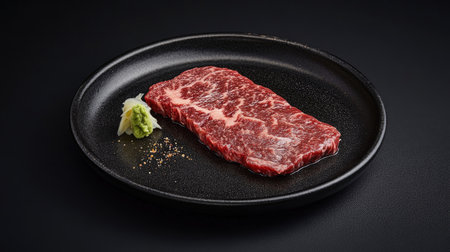 A stunning raw slice of wagyu beef presented on a black plate, garnished with wasabi. Ideal for showcasing gourmet cuisine and premium food artistry.の素材