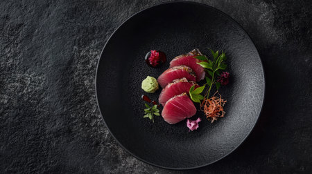 A beautifully arranged dish featuring thinly sliced tuna served on a black plate, complemented by fresh herbs and wasabi. Perfect for gourmet presentations.の素材