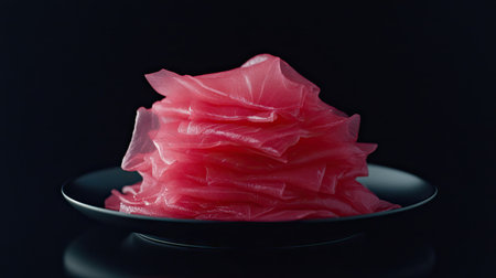 An artistic presentation of fresh tuna slices arranged elegantly on a black plate, showcasing vibrant colors and textures perfect for gourmet dining.の素材