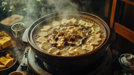 Indulge in a delectable hotpot experience featuring beautifully arranged ingredients, perfect for sharing and enjoying with friends or family around the table.の素材