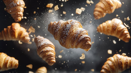 A captivating arrangement of sweet pastries, featuring flying croissants, beautifully crafted to showcase their flaky layers and sugary dusting. Perfect for a dessert-themed project.の素材