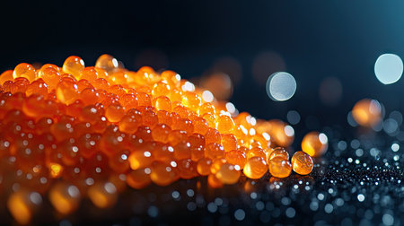 A vibrant close-up of shiny salmon roe, showcasing its rich texture and color, perfect for sushi presentations and culinary art. Ideal for food photography.の素材