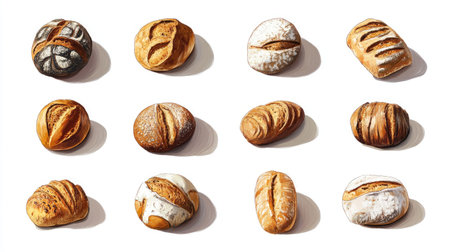Discover a beautiful collection of freshly baked artisan bread loaves showcasing various textures and shapes, perfect for any culinary context.の素材