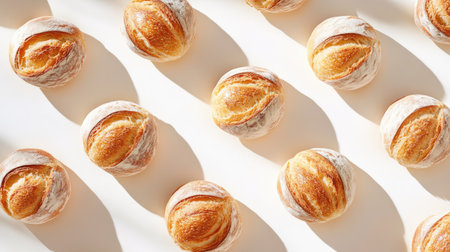 A beautiful arrangement of freshly baked round bread rolls showcasing their golden crust and soft texture. Perfect for bakery, breakfast, or any culinary presentation.の素材