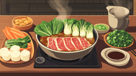 Enjoy a delicious Japanese hotpot featuring sliced beef and fresh vegetables. Perfect for a cozy meal, this culinary delight is ideal for sharing with friends and family.の素材